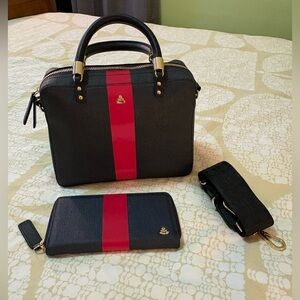 Orla Kiely High Shine Stripe Block Medium Navy and Red Handbag and  Wallet Set